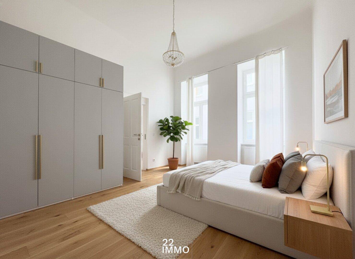 Modern eingerichtetes Schlafzimmer mit großem Kleiderschrank, Parkettboden und viel Tageslicht.