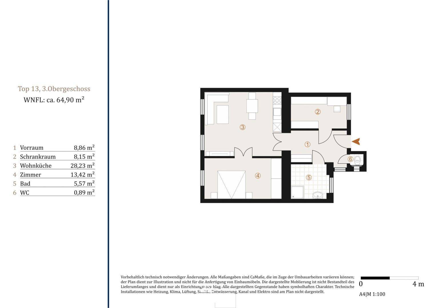 Grundriss der Wohnung im 3. Obergeschoss mit einer Wohnfläche von 64,90 m².