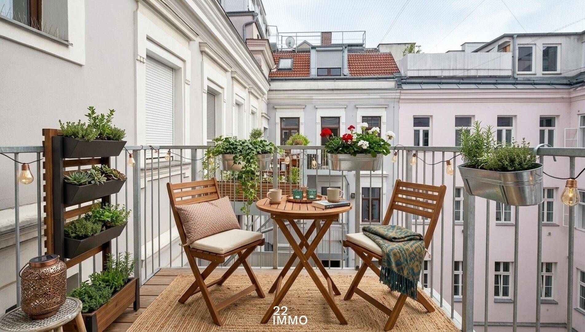 Gemütlicher Balkon mit Holzboden, Sitzgelegenheiten und Pflanzen, umgeben von Stadtgebäuden.