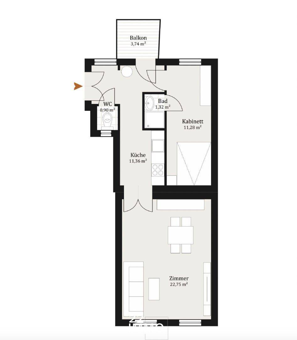 Grundriss einer Wohnung mit Balkon, separatem WC, Bad, Küche und zwei Zimmern.