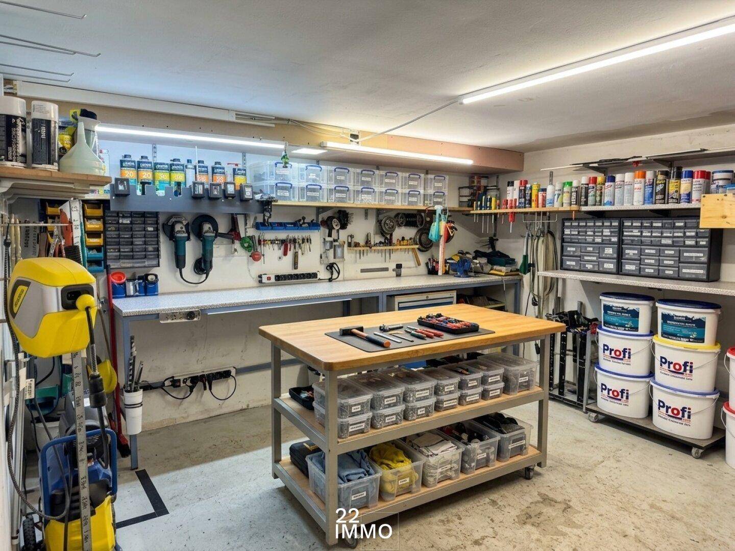 Gut organisierter Hobbyraum oder Werkstatt mit vielen Regalen, Werkzeugen und Arbeitsfläche.