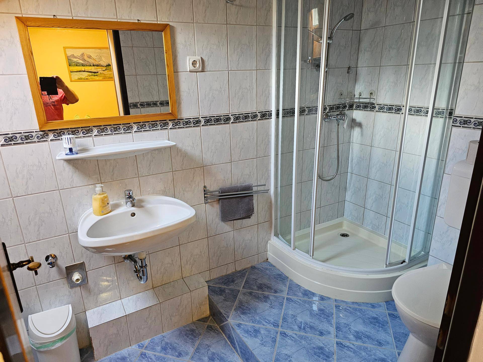 Badezimmer mit blauen und weißen Fliesen, einer Eckduschkabine, Waschbecken und Holzspiegel.