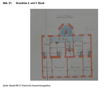 Historischer Grundriss des zweiten und dritten Stocks mit zentralem Treppenhaus und Zimmern.
