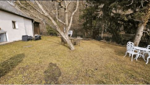 Großer Gartenbereich mit Rasenfläche und verschiedenen Sitzgelegenheiten unter Bäumen.