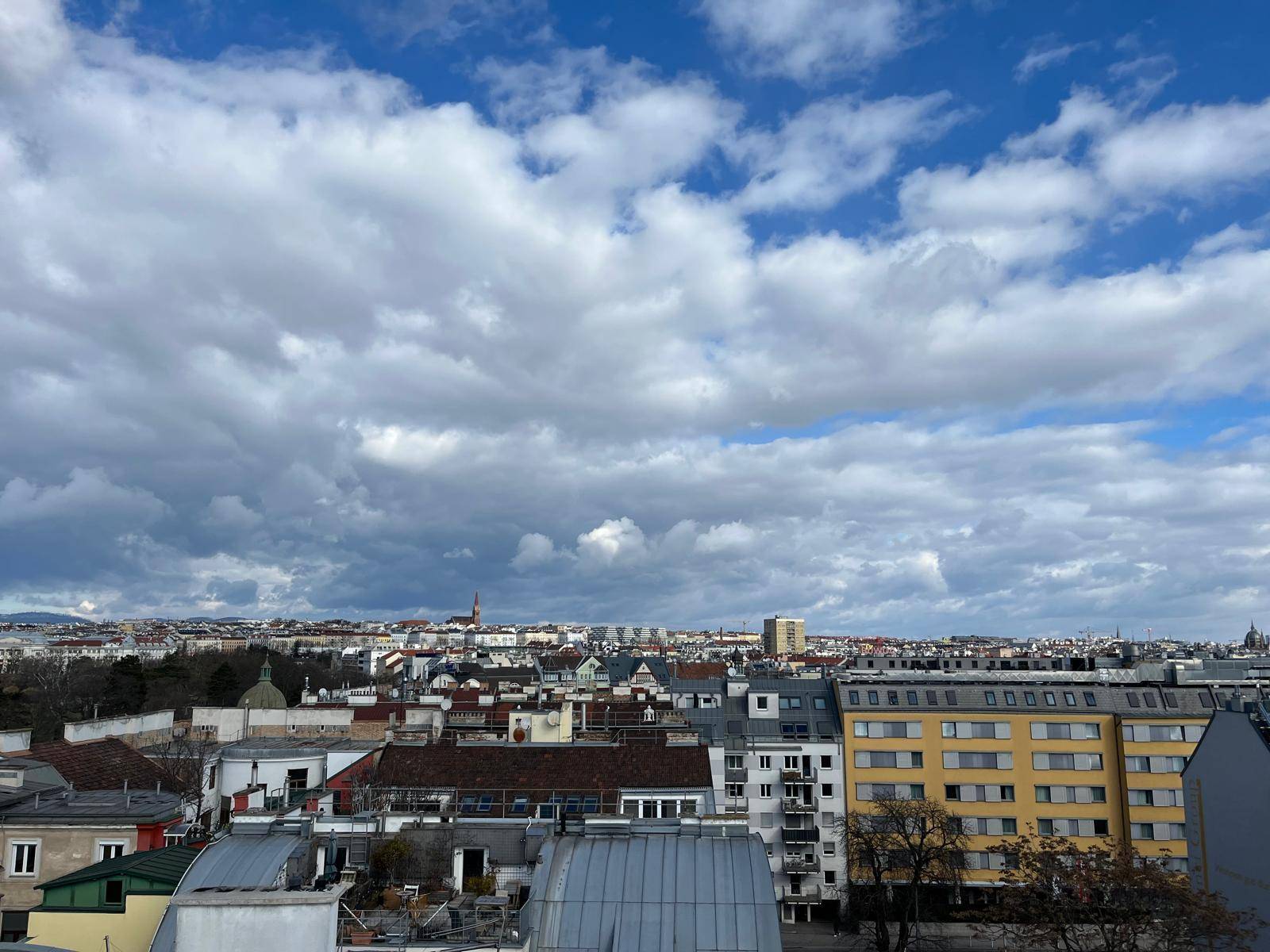 Panoramablick über die städtische Bebauung mit bewölktem Himmel und Hügeln im Hintergrund.
