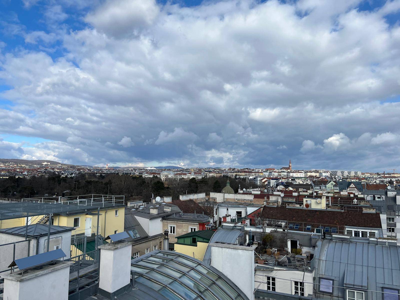 Aussicht über die Dächer der Stadt mit vielen Gebäuden und einem bewölkten Himmel.