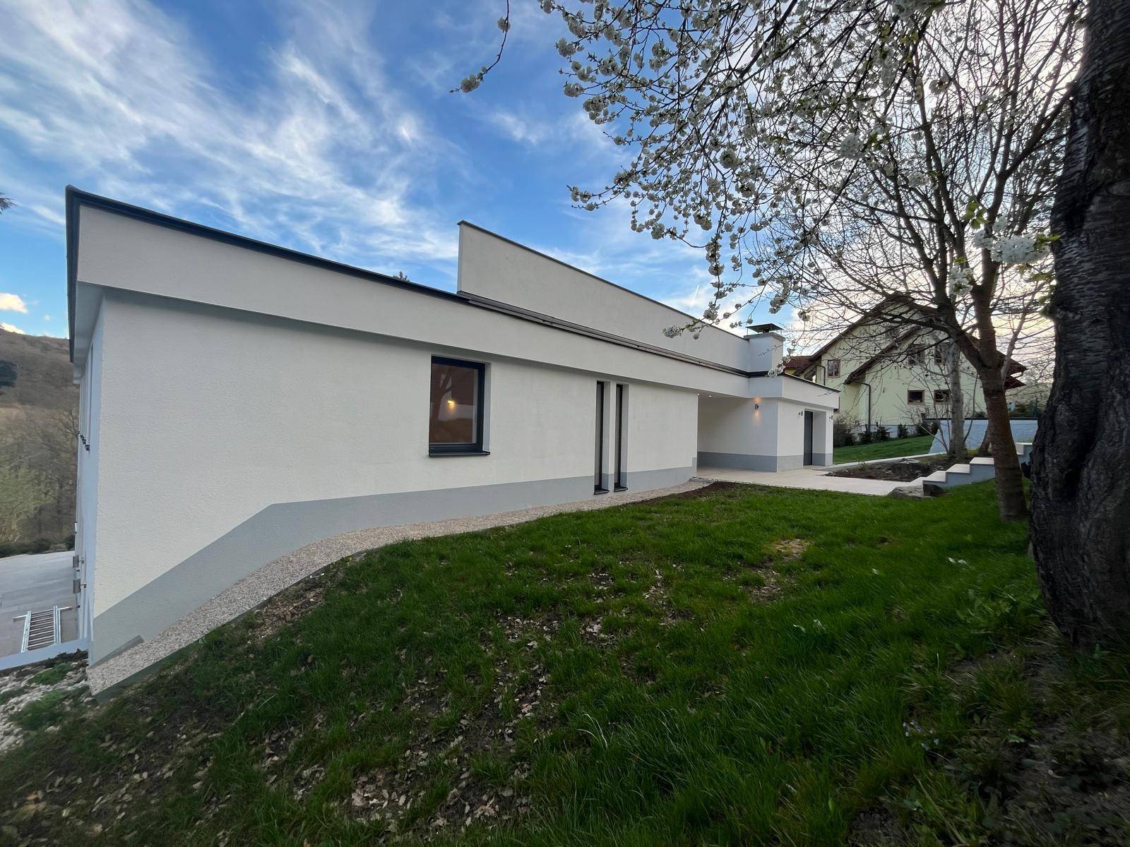Seitenansicht der modernen Villa mit weißer Fassade und leicht abfallendem Gartenbereich.