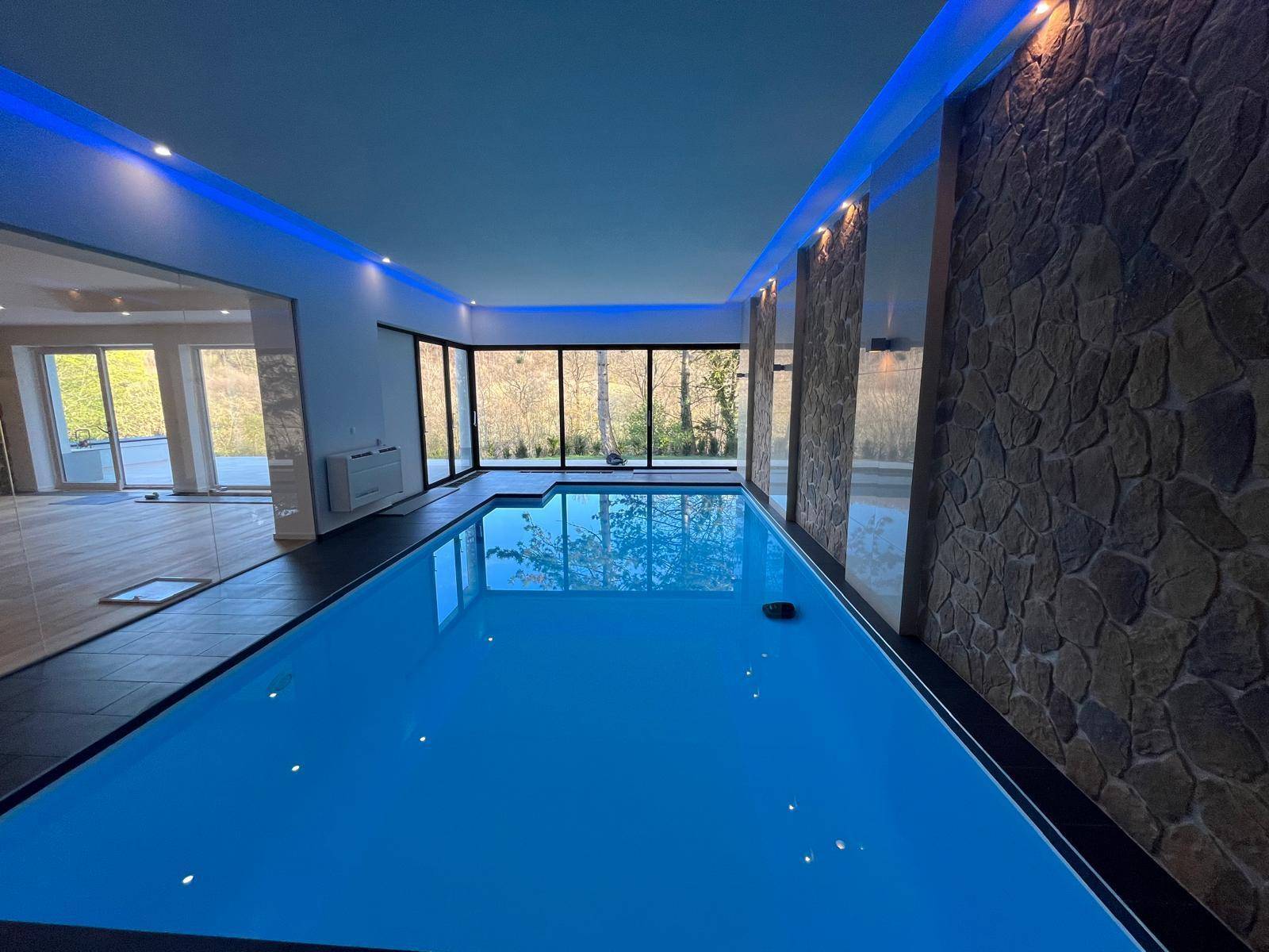 Innenpool mit blauer Unterwasserbeleuchtung und großen Fenstern zur Natur.