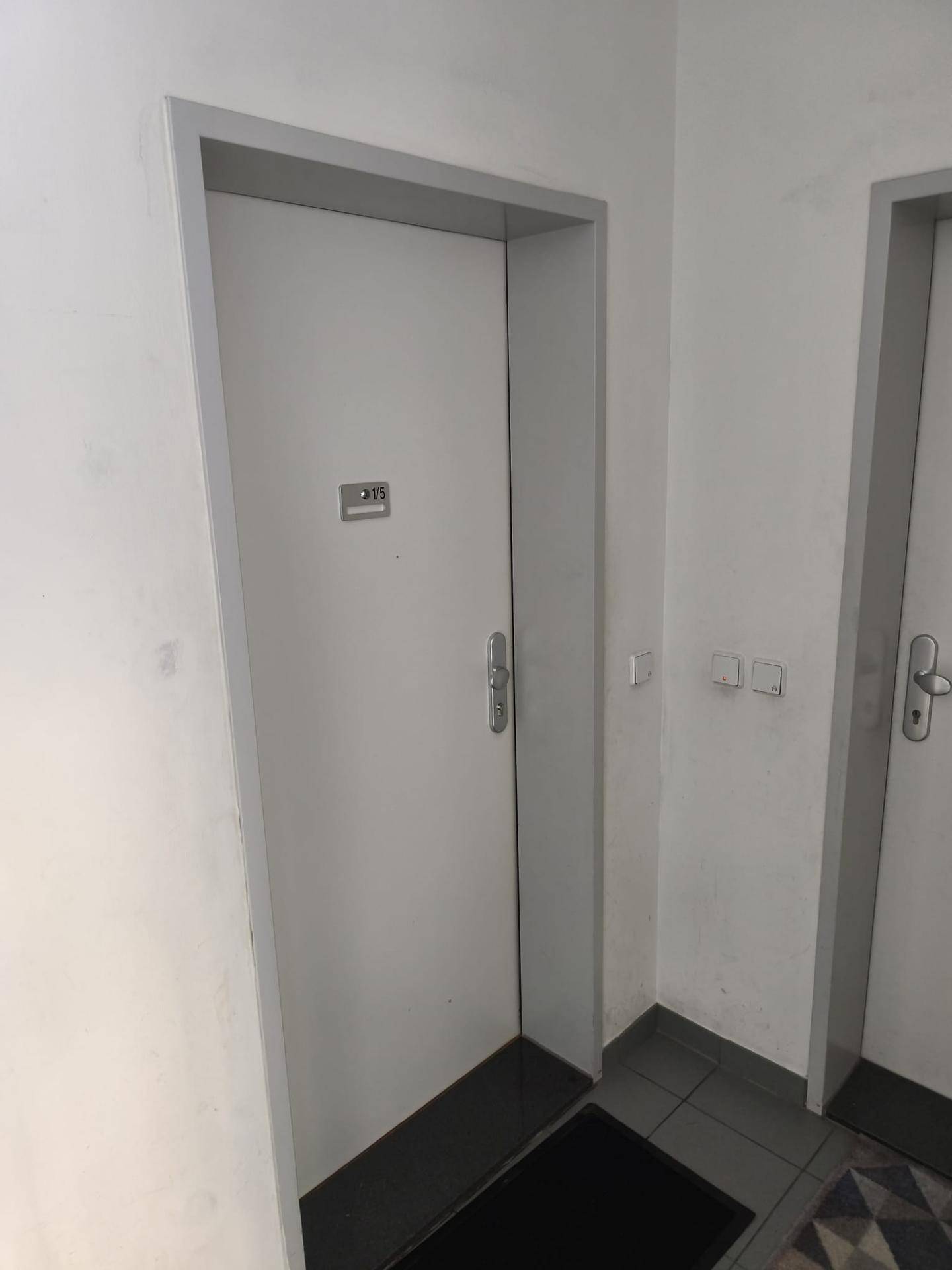 Wohnungseingangstür mit Nummer 215 in einem gemeinschaftlichen Flur.