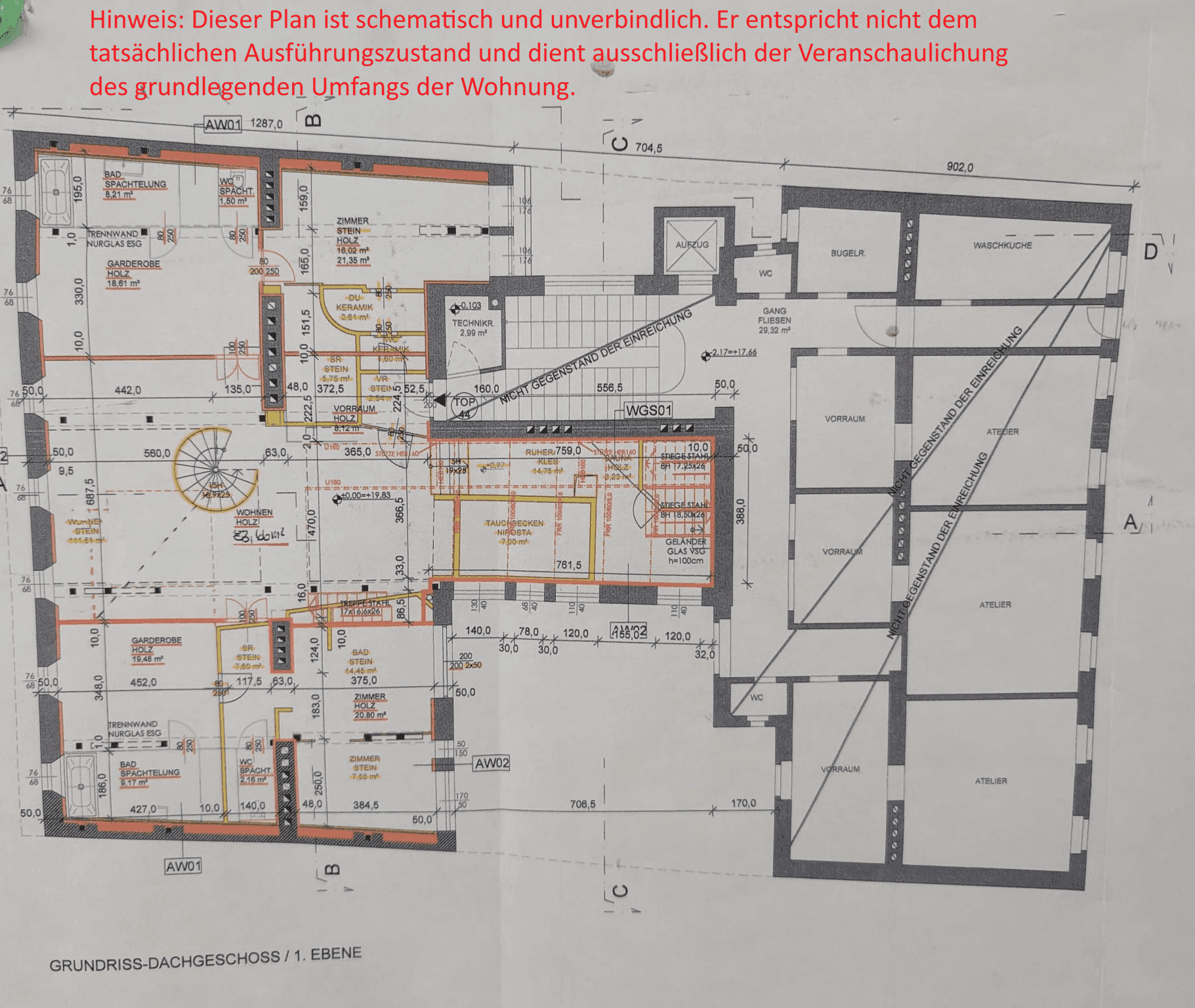 Grundriss der ersten Ebene mit mehreren Zimmern, Bädern und einem offenen Wohnbereich.