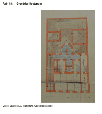 Historischer Grundriss des Souterrains mit zentralem Treppenhaus und mehreren Räumen.