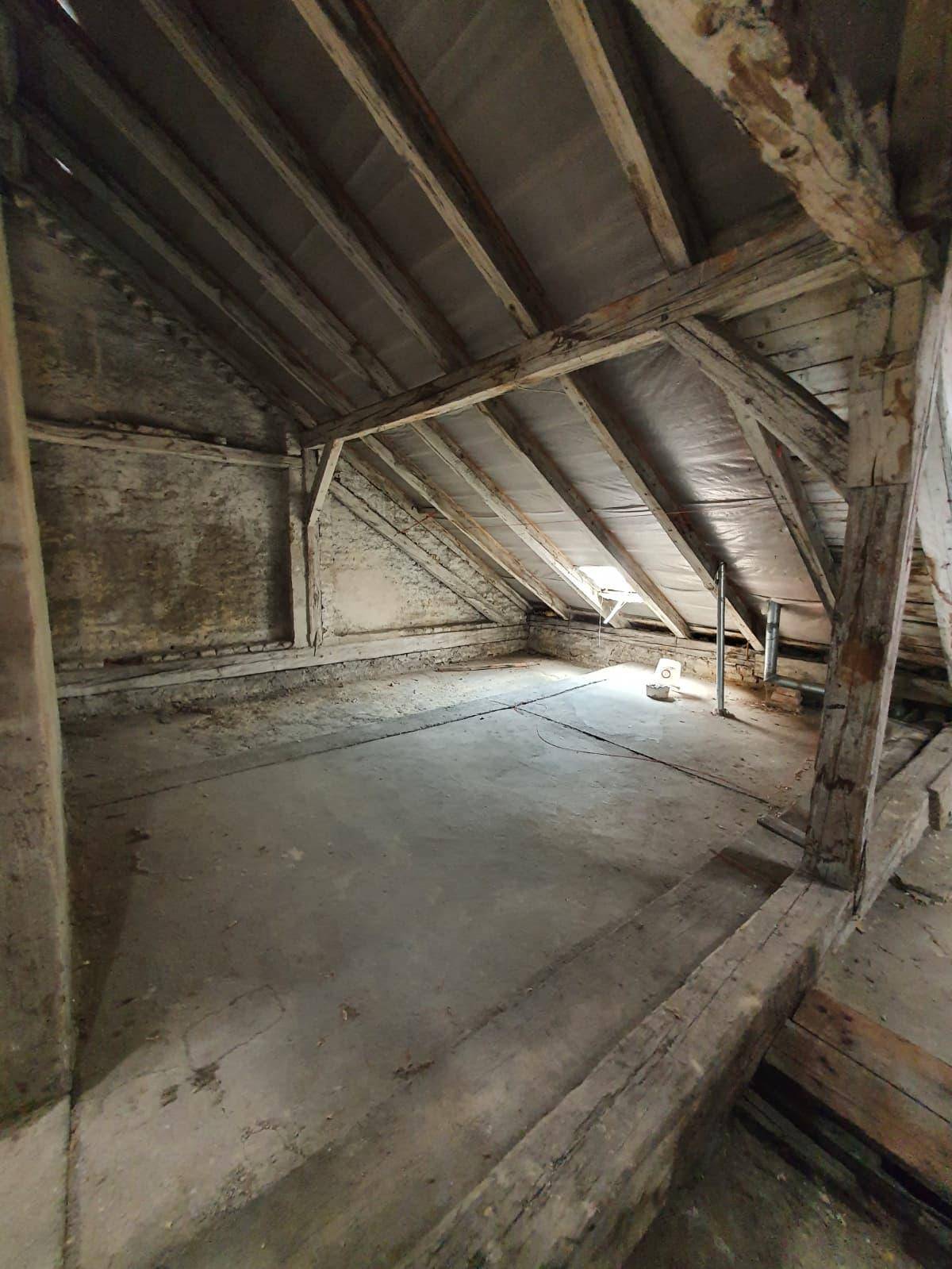 Geräumiger Dachboden mit schrägen Wänden und sichtbarer Holzkonstruktion, bietet viel Gestaltungsfreiheit.
