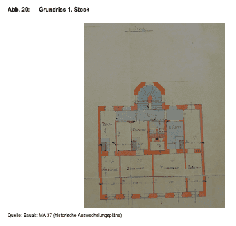 Historischer Grundriss des ersten Stocks mit zentralem Treppenhaus und mehreren Räumen.