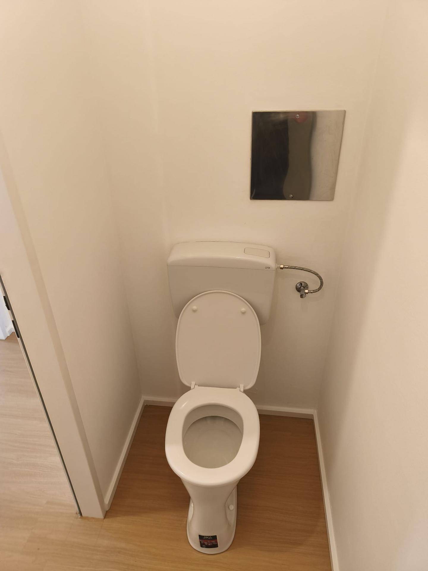 Separates WC mit Toilette und hellem Laminatboden.