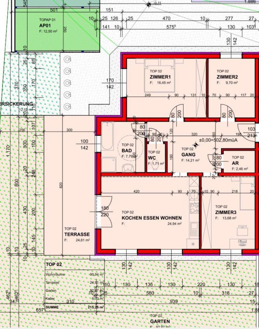 Detaillierter Grundriss einer Wohnung mit drei Zimmern, offenem Wohnbereich, Bad, WC und großer Terrasse.