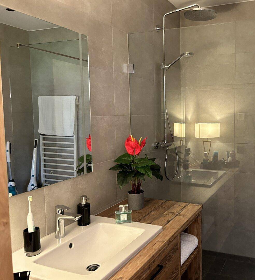 Modernes Badezimmer mit begehbarer Dusche, Holzwaschtisch und beheiztem Handtuchhalter, sehr gepflegt.