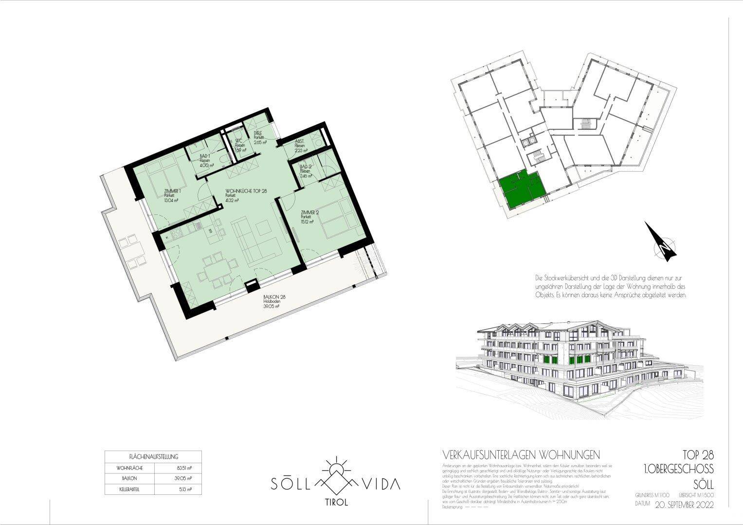 Grundriss des Obergeschosses mit Wohnungen und Außenbereichen, inklusive Gebäudevisualisierung und Details.