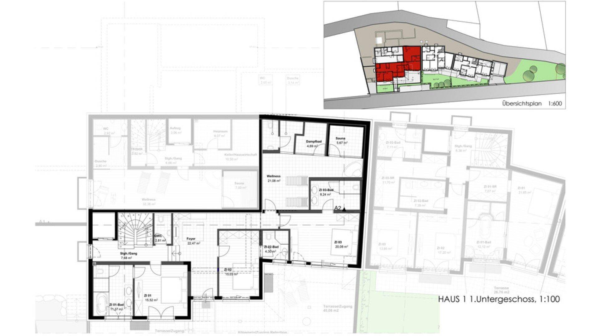 Grundriss des ersten Untergeschosses von Haus 1 mit mehreren Schlafzimmern und Bädern.