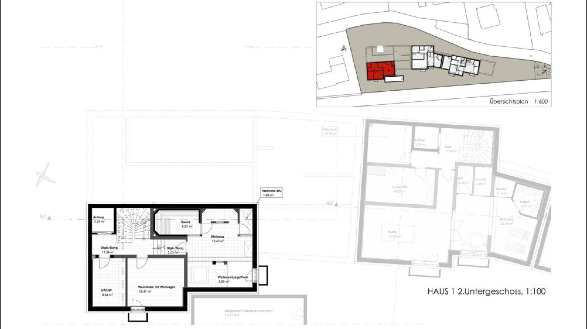 Grundriss des zweiten Untergeschosses von Haus 1 mit Wellnessbereich und Abstellraum.