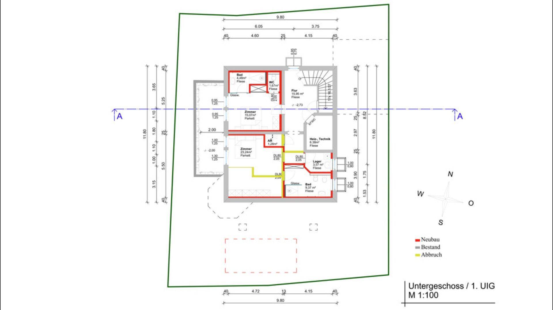 Grundriss des Untergeschosses mit Abstellräumen und Technikbereich.