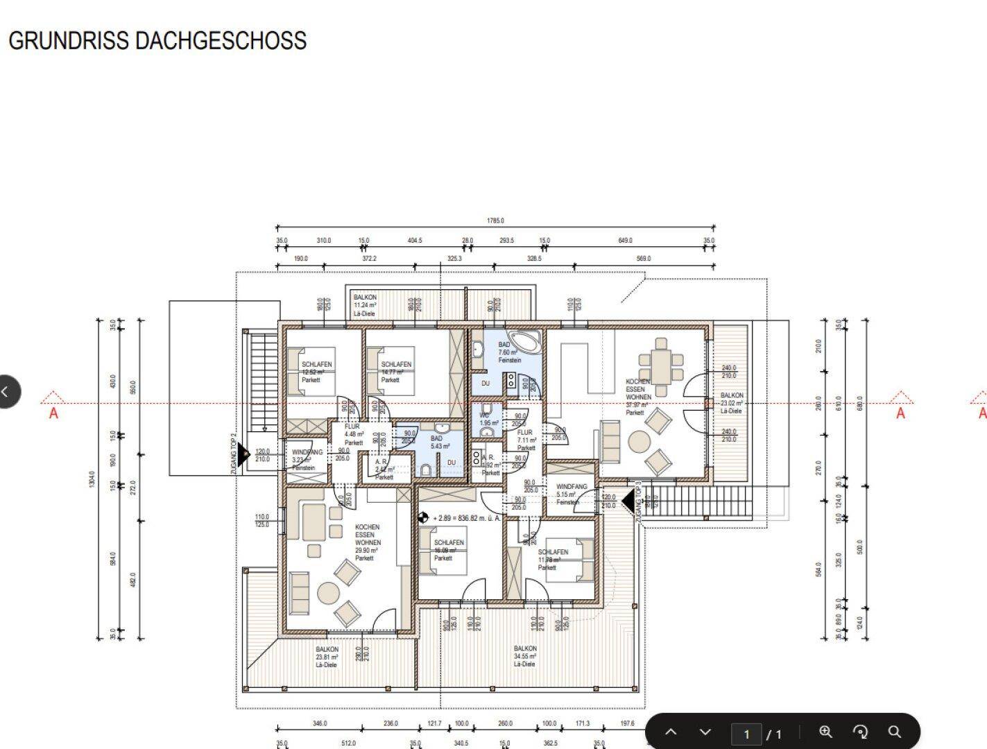 Grundriss des Dachgeschosses mit mehreren Schlafzimmern, Bädern und Balkonen.