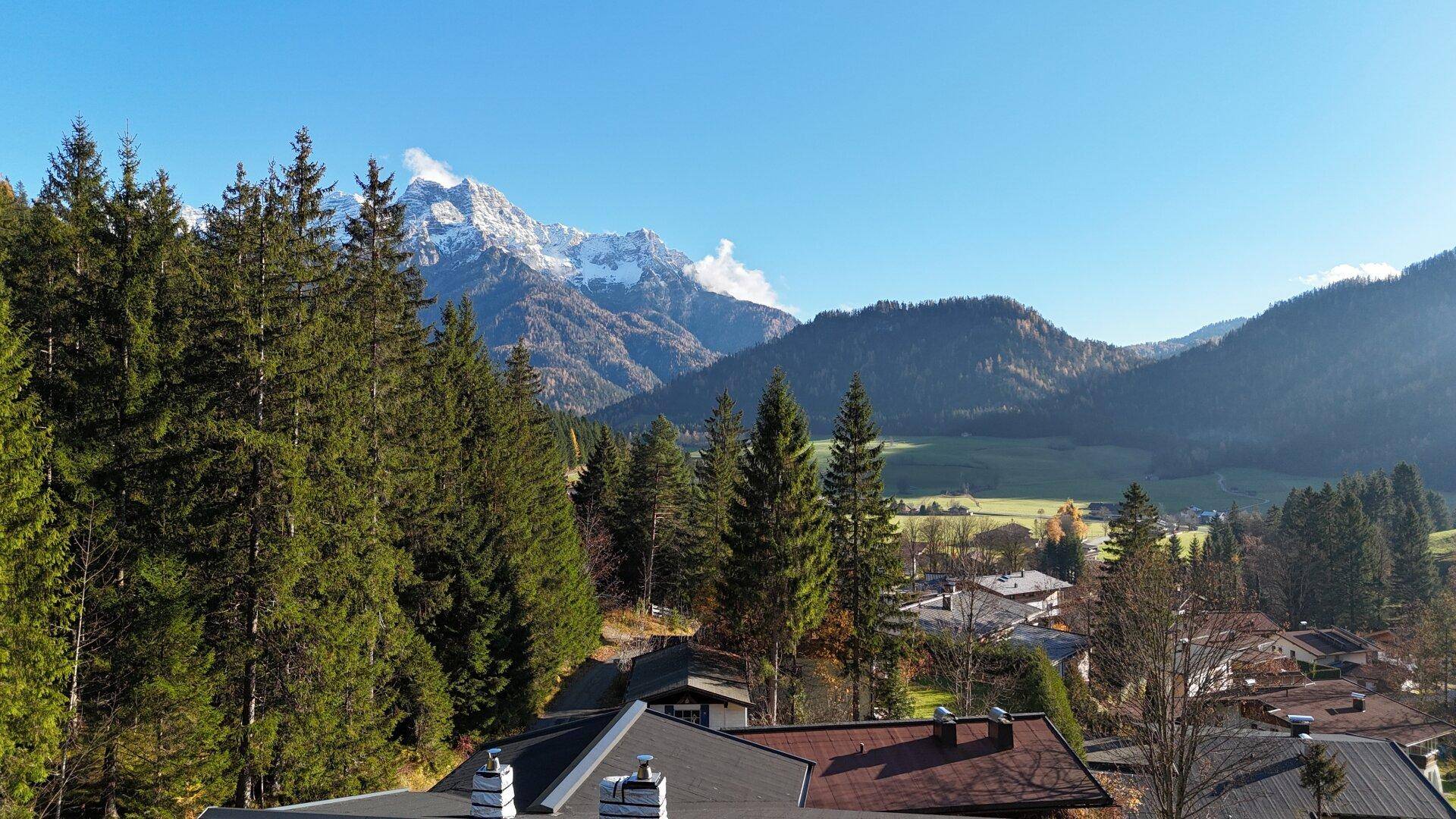 Atemberaubender Panoramablick auf schneebedeckte Berge und weite Wälder unter blauem Himmel.