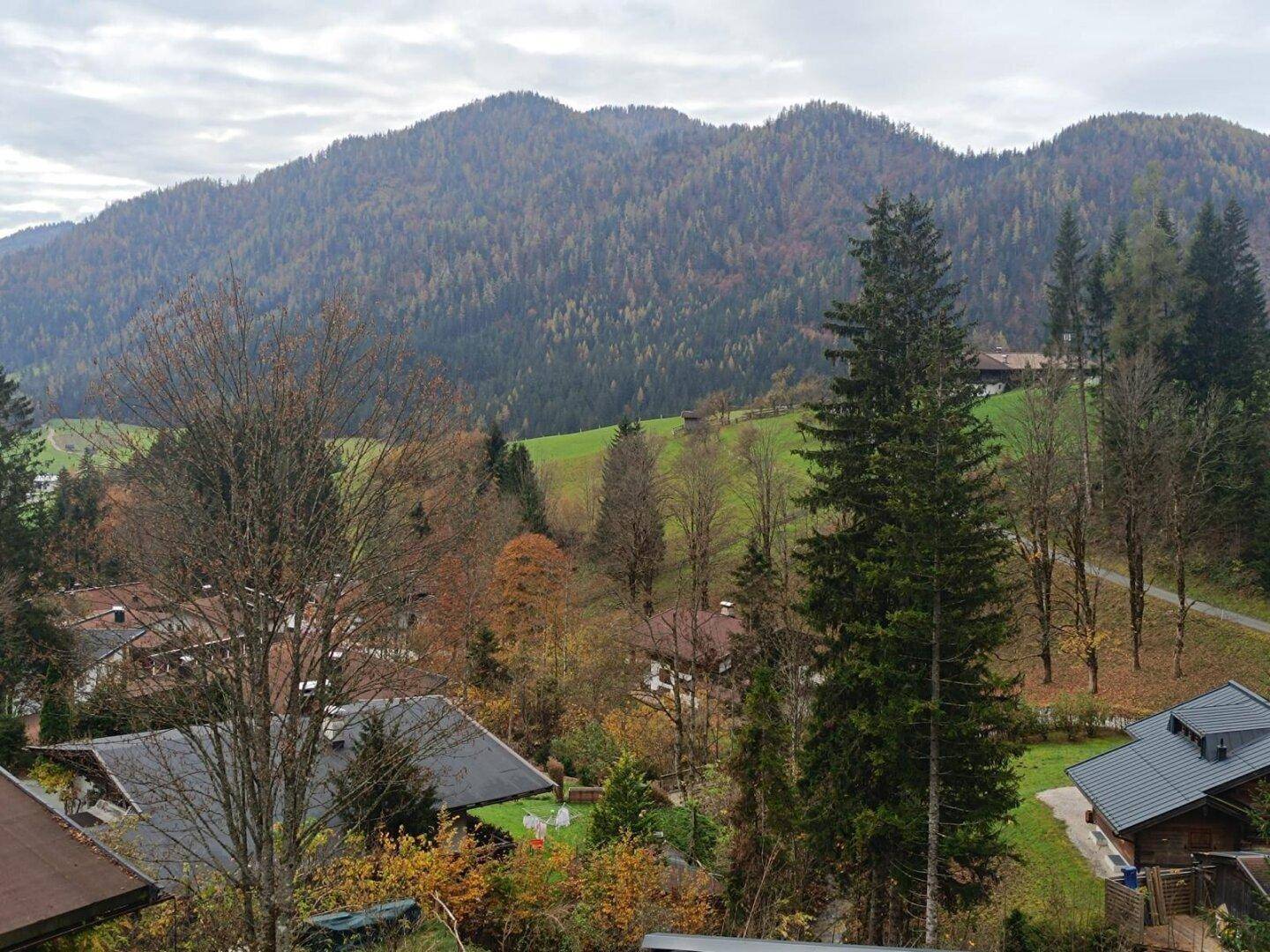 Weitläufiger Blick über eine hügelige Landschaft mit Wäldern, Wiesen und vereinzelten Häusern.