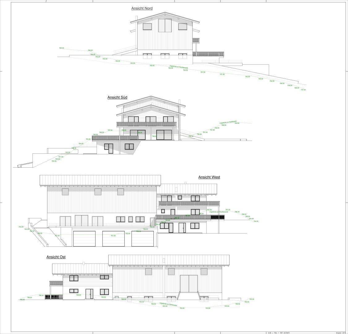 Architektonische Ansichten des Gebäudes von allen vier Seiten.