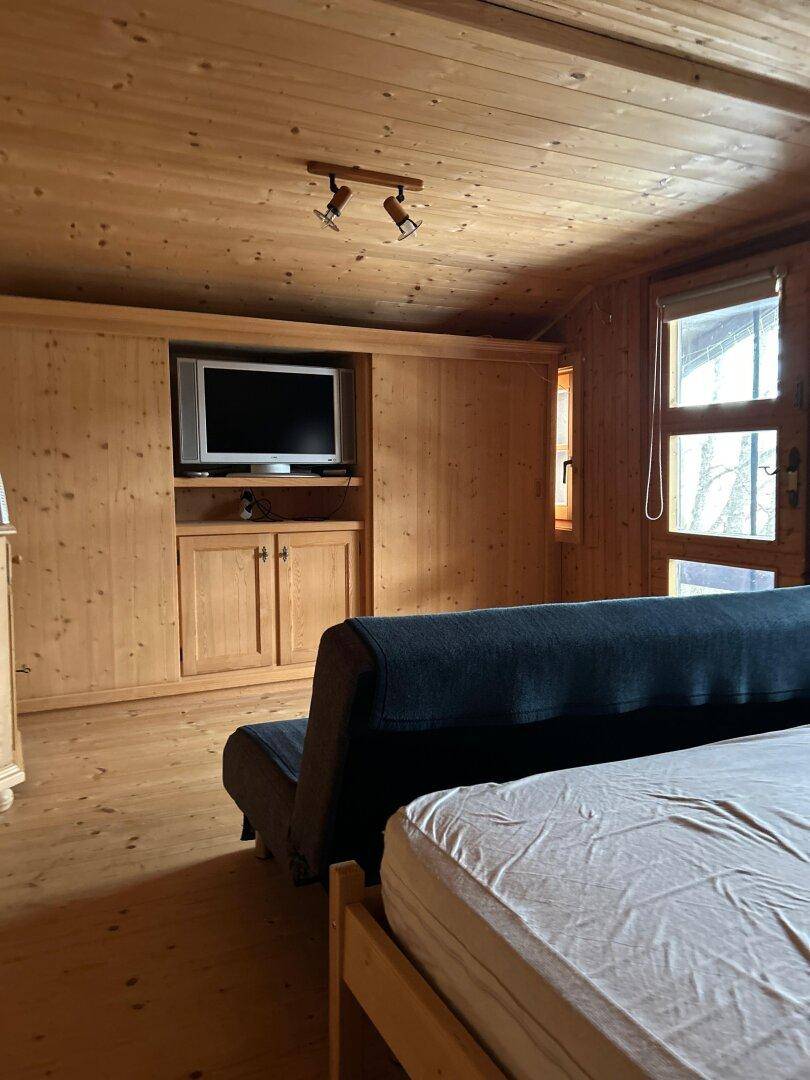 Schlafzimmer mit Holzwänden, Holzboden und einem Fernseher in einem Einbauschrank.