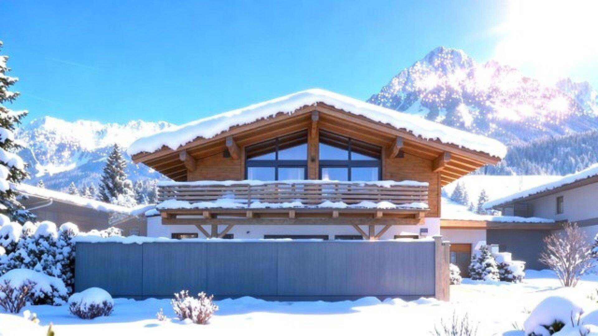 Charmantes Holzchalet in verschneiter Berglandschaft mit sonnigem Wetter und Panoramablick auf die Alpen.