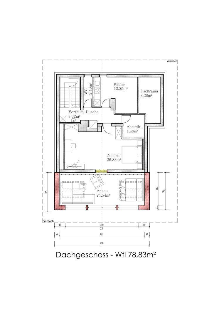 Grundriss des Dachgeschosses mit Zimmern, Küche und Bad, zeigt Dachschrägen.