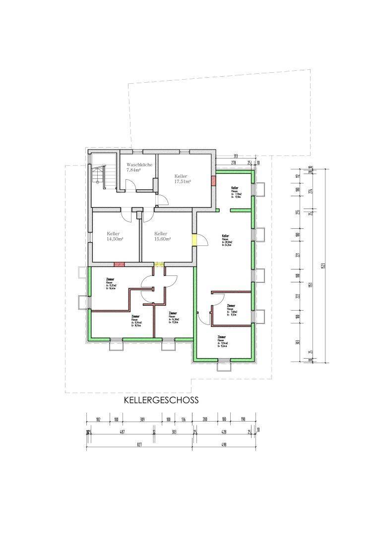Grundriss des Kellergeschosses mit mehreren Kellerräumen und Waschküche.