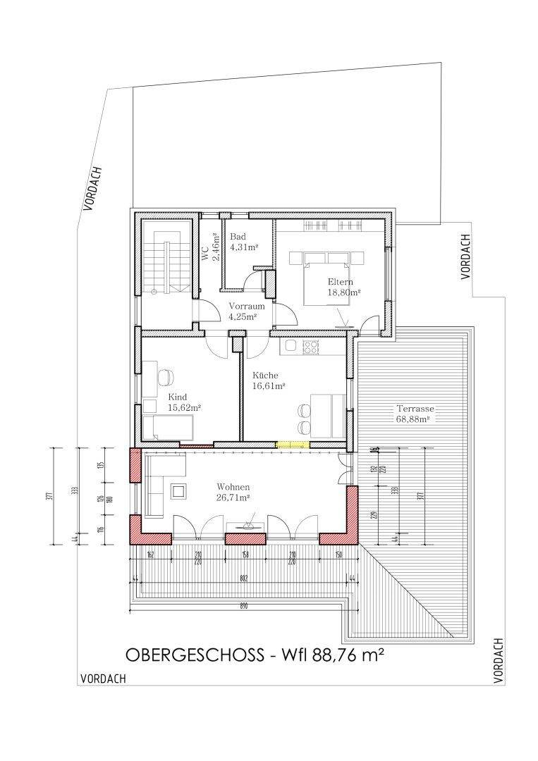 Grundriss des Obergeschosses mit Wohnbereich, Küche, Schlafzimmer und großer Terrasse.