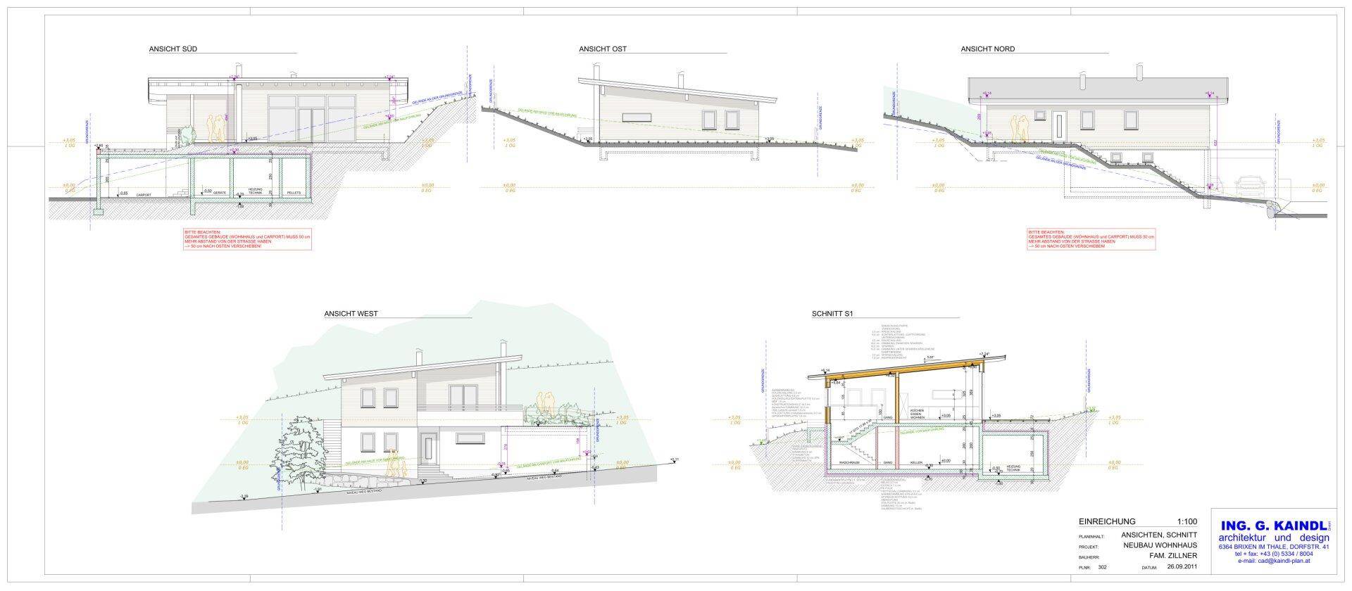 Architektonische Ansichten und Schnitte des Gebäudes mit Hanglage.