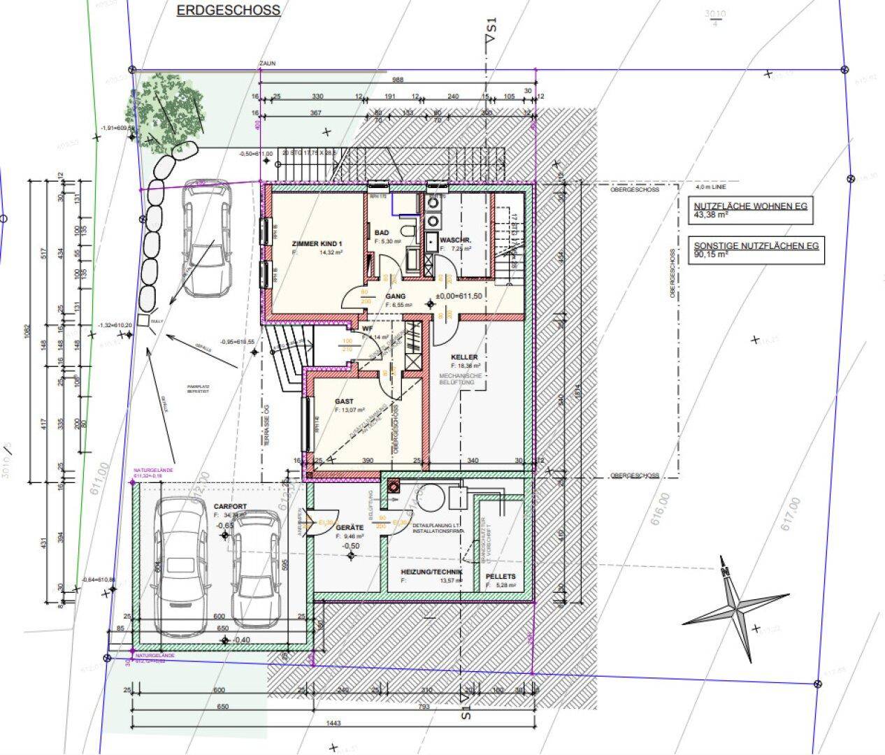 Grundriss des Erdgeschosses mit Kinderzimmer, Bad und Carport.