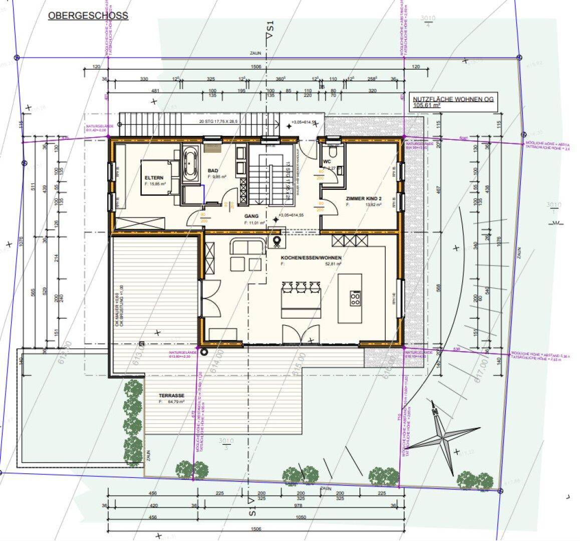 Grundriss des Obergeschosses mit Schlafzimmer, Bad und offener Wohnküche.