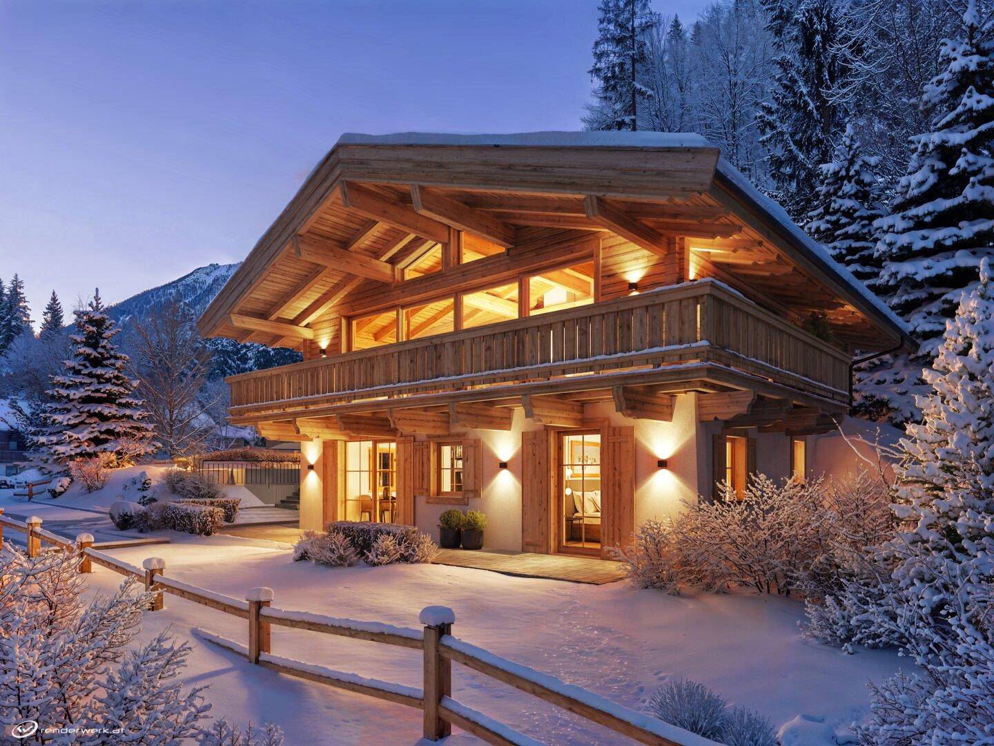 Gemütliches Holzchalet in verschneiter Winterlandschaft mit beleuchteten Balkonen am Abend.