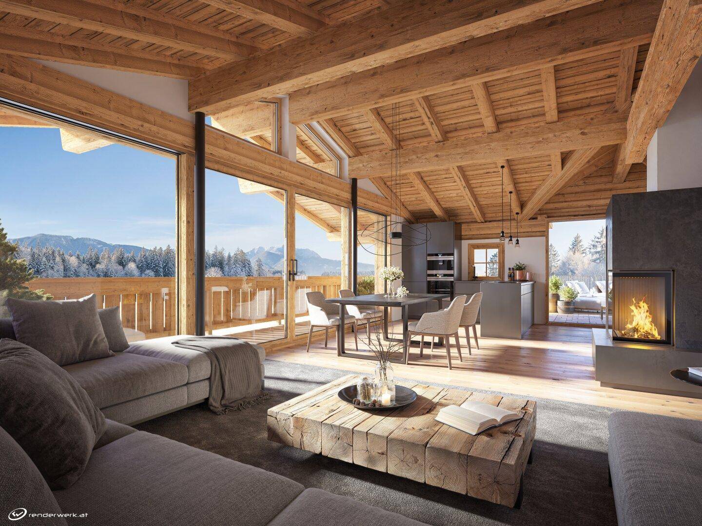 Lichtdurchfluteter Wohn-Essbereich mit offener Küche, Kamin und Bergblick durch große Fenster.