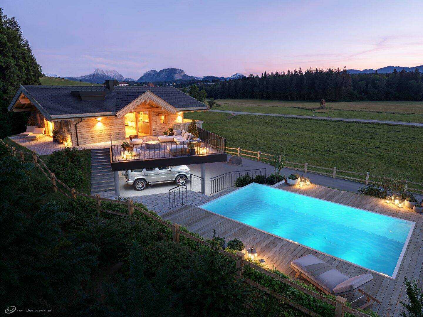 Luxuriöses Holzhaus mit großem Poolbereich und möblierter Terrasse bei Sonnenuntergang und Bergblick.