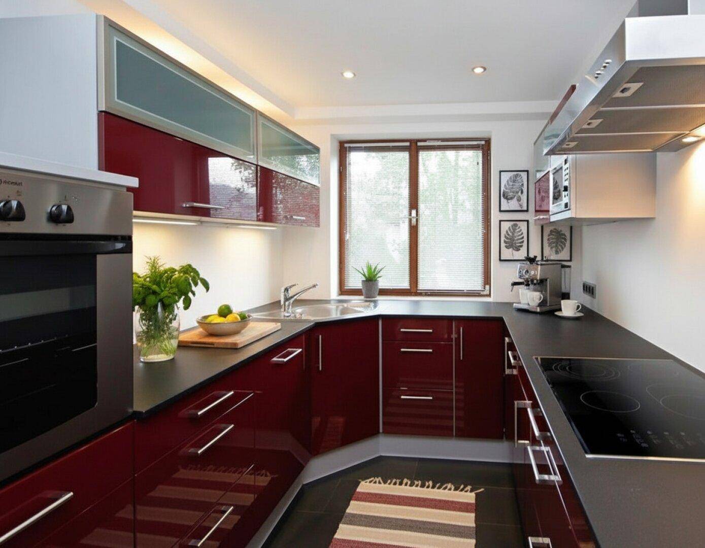 Moderne Küche mit roten Hochglanzfronten, schwarzen Arbeitsplatten und Einbaugeräten.
