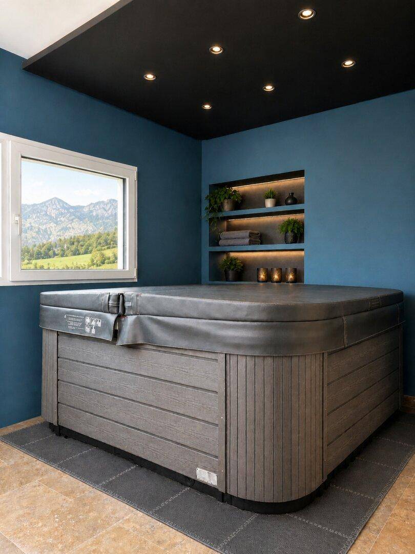 Wellnessbereich mit großem Whirlpool, blauen Wänden und Bergblick durch das Fenster.