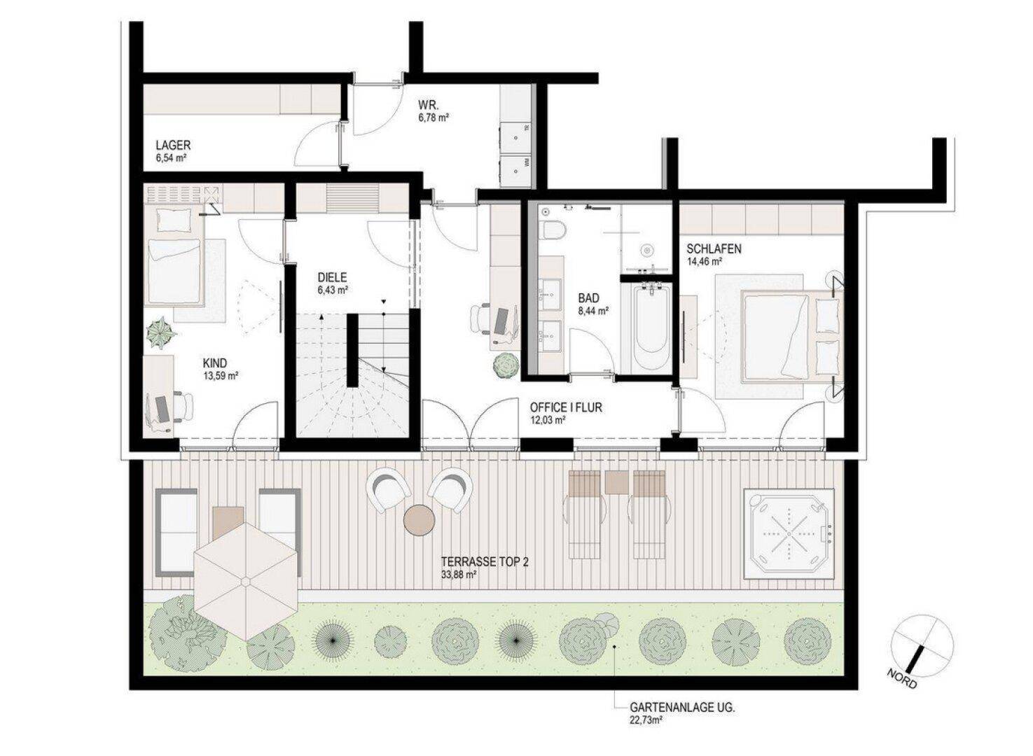 Grundriss des Obergeschosses mit Schlafzimmern, Bad, Büro und großer Terrasse mit Whirlpool.