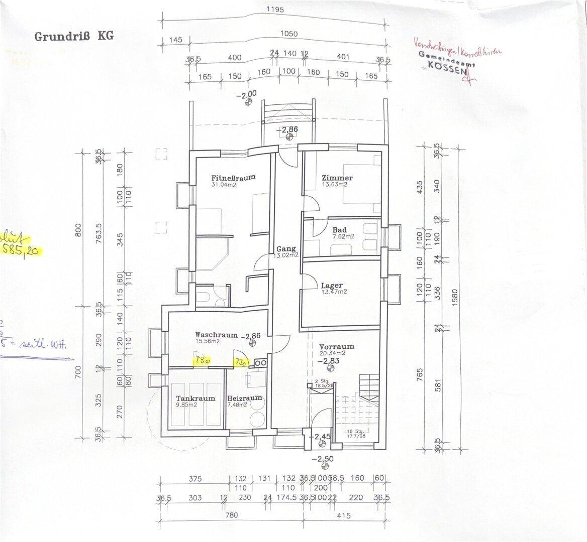 Grundriss des Kellergeschosses mit Fitnessraum, Waschraum und Lagerräumen.
