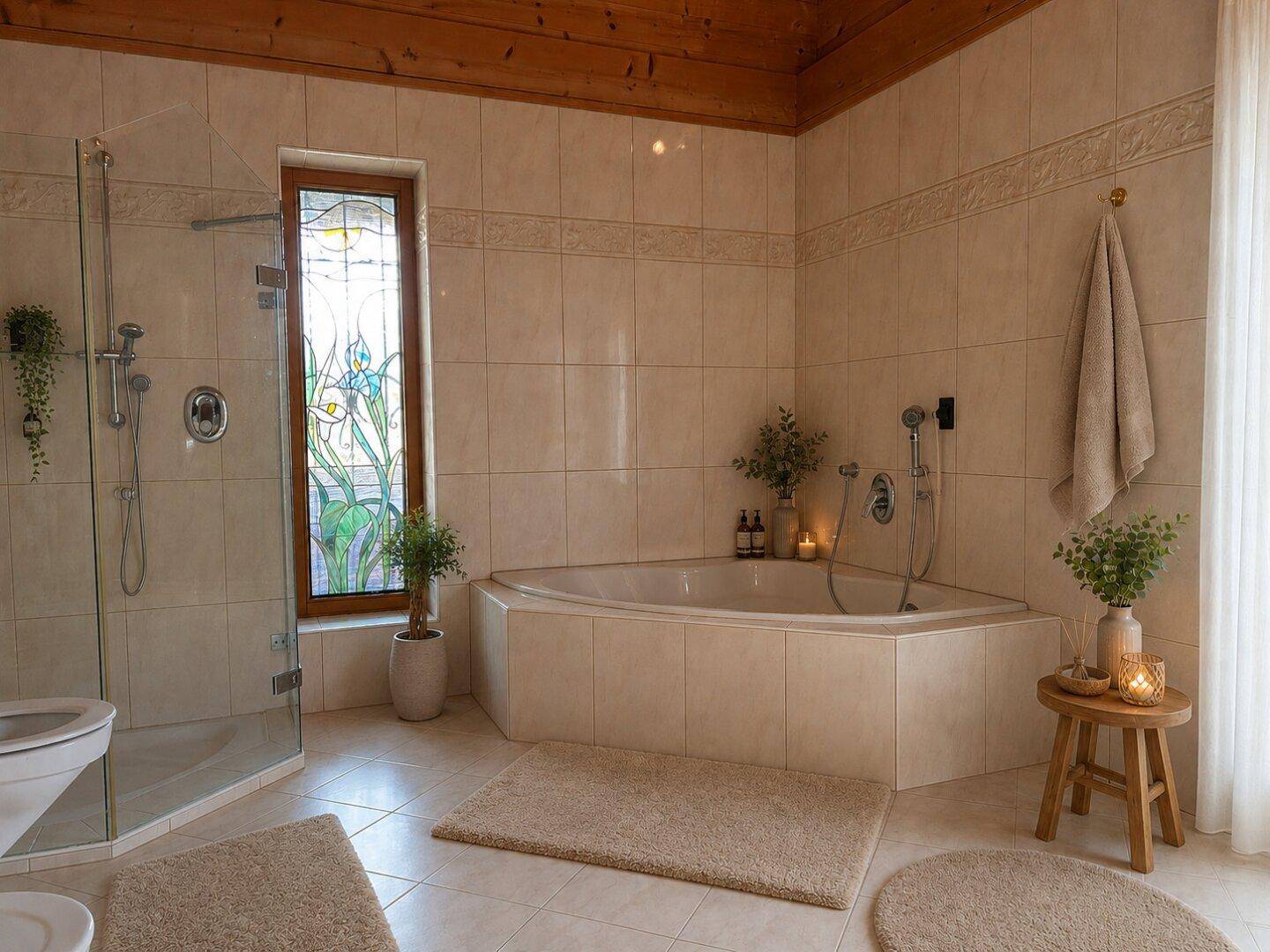 Helles Badezimmer mit Eckbadewanne, Dusche und einem Fenster mit Buntglas-Design.