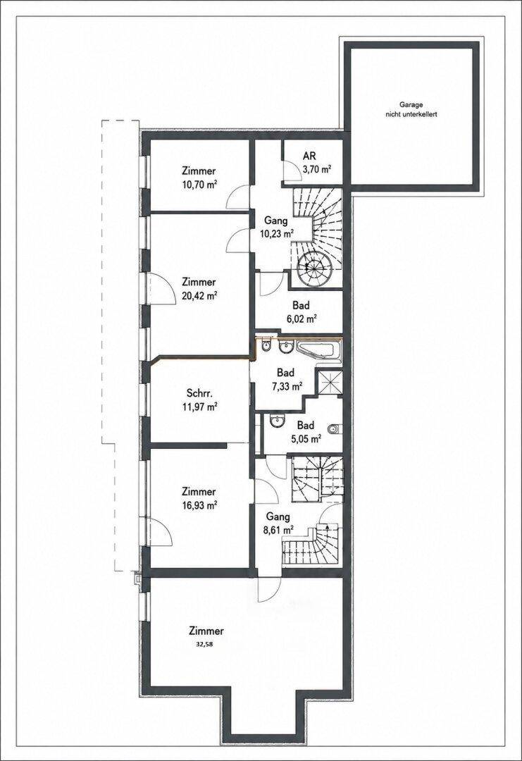 Grundriss einer Etage mit Zimmern, Bädern und einer internen Treppe.