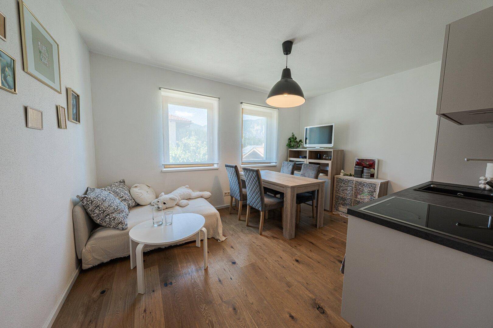 Kleiner Wohn-Essbereich mit Sofa, Esstisch und integrierter Küchenzeile.