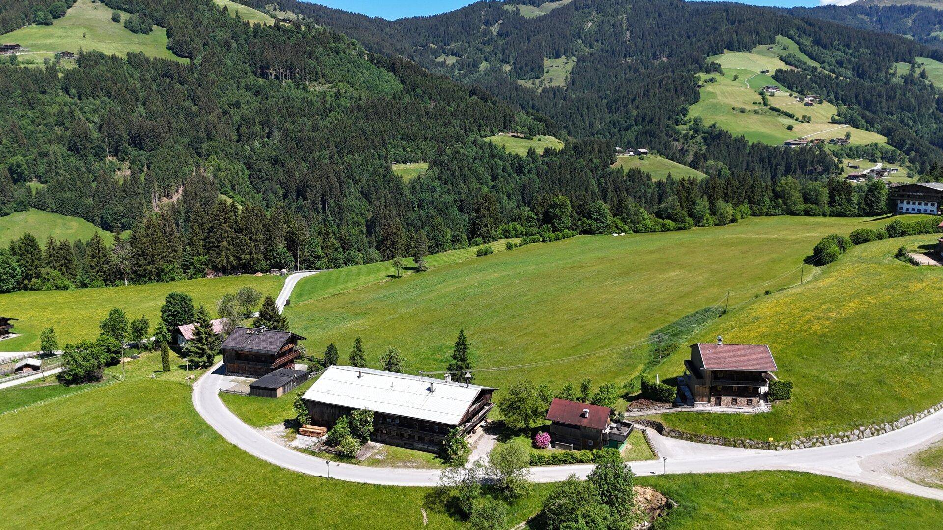 Luftaufnahme einer malerischen Wohngegend mit traditionellen Häusern inmitten von Wiesen und Wäldern.