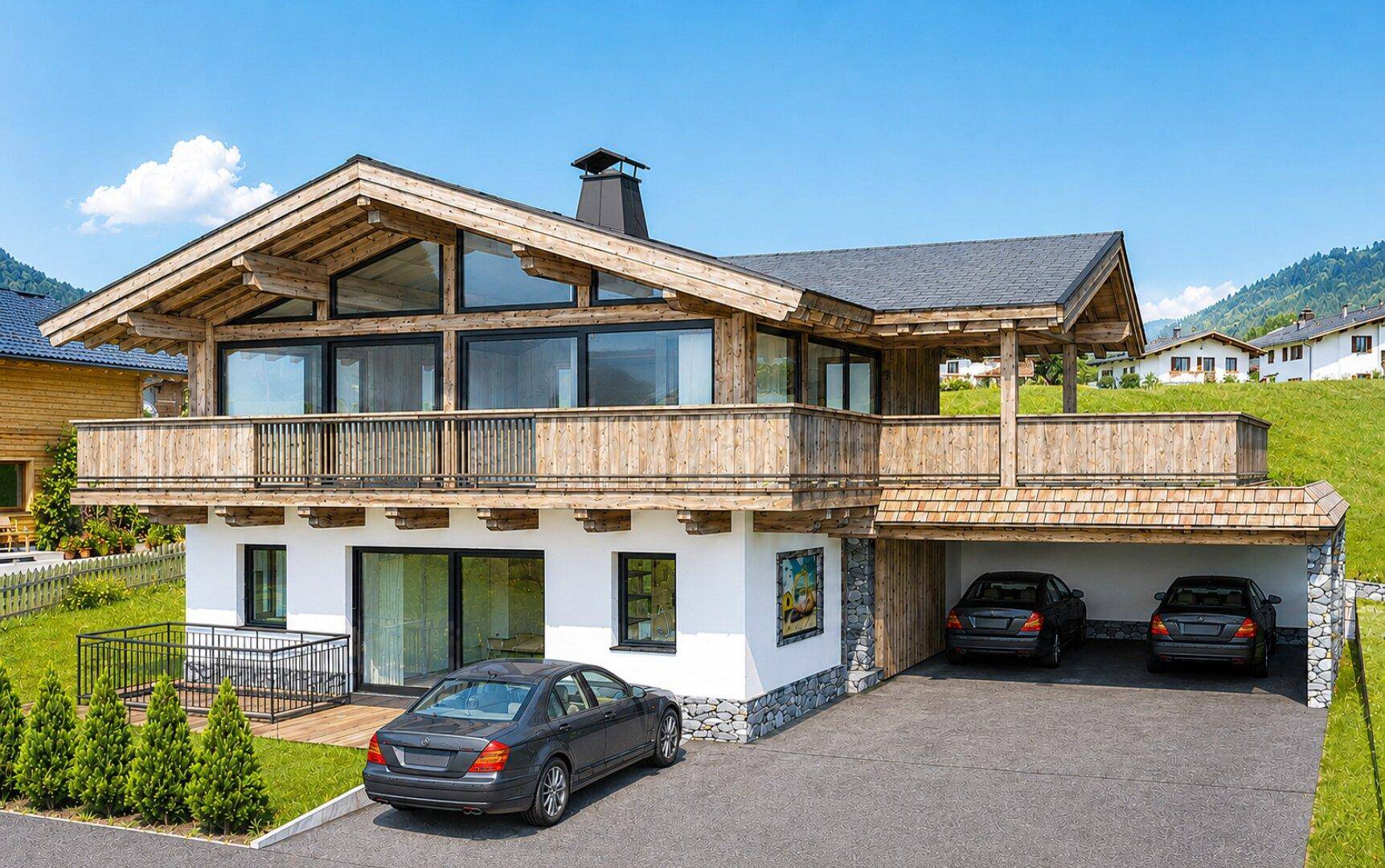 Modernes Chalet mit Holzfassade, großen Fenstern und integriertem Carport in alpiner Umgebung.