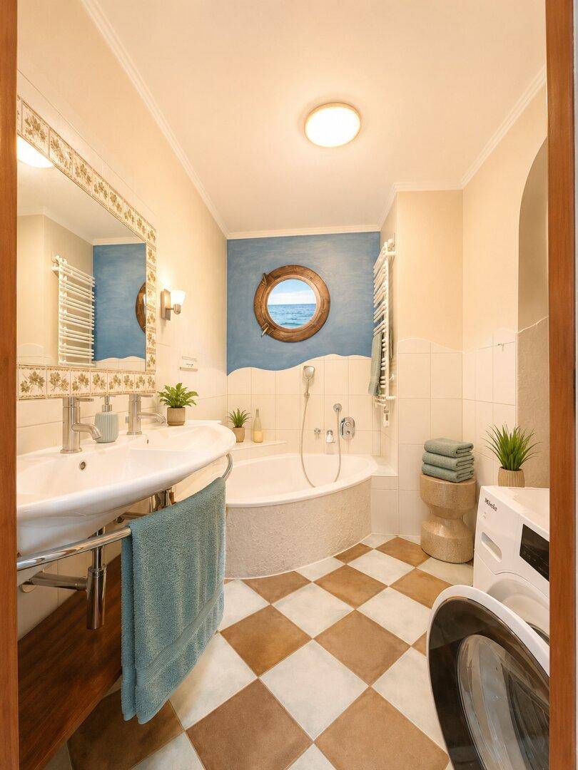 Maritimes Badezimmer mit Badewanne, Waschmaschine und Schachbrettmuster-Fliesenboden.