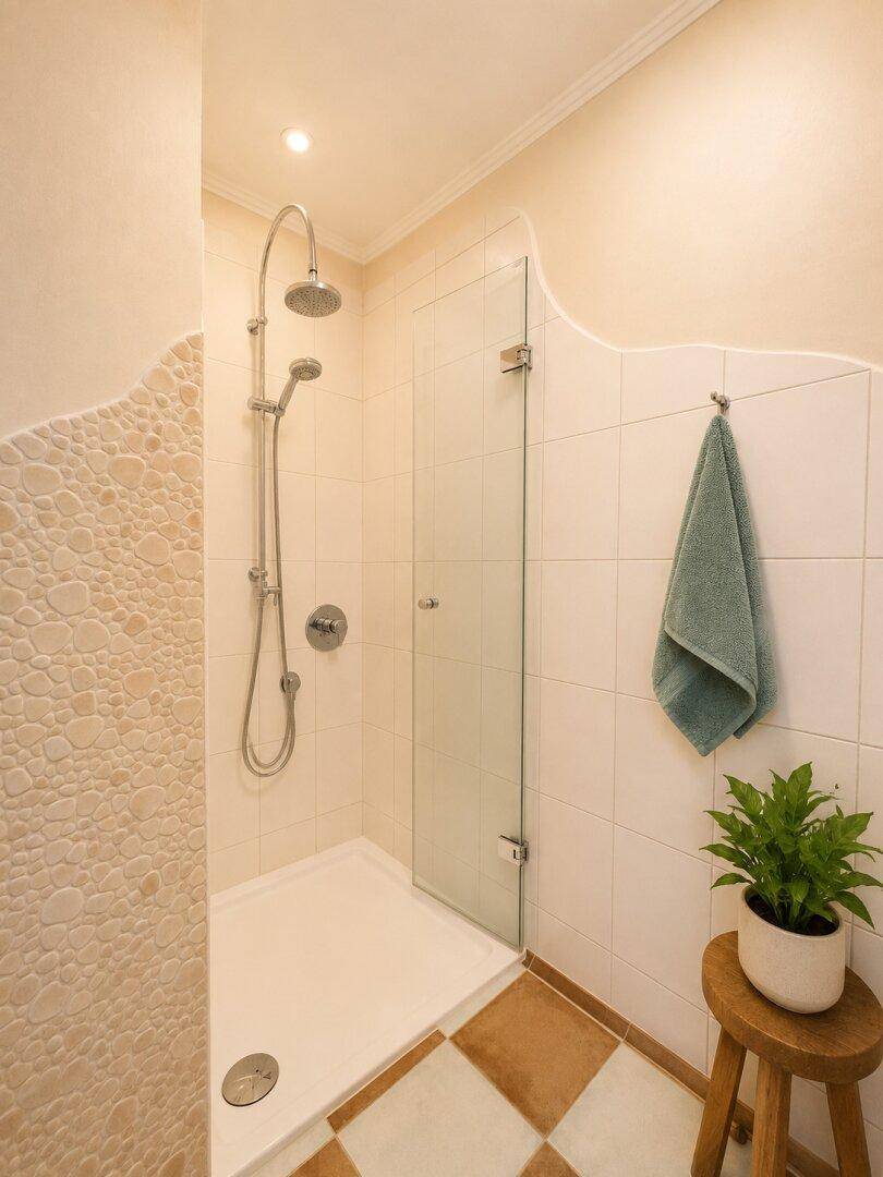 Modernes Badezimmer mit ebenerdiger Dusche, Glasabtrennung und Schachbrettmuster-Fliesenboden.
